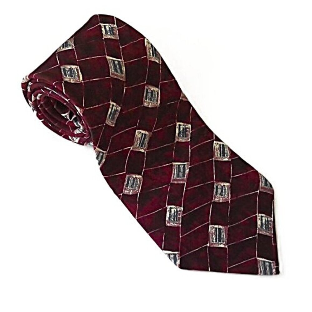 Vintage Savile Row Men's Neck Tie 100% Italian Silk Burgundy Cream & Gray EUC